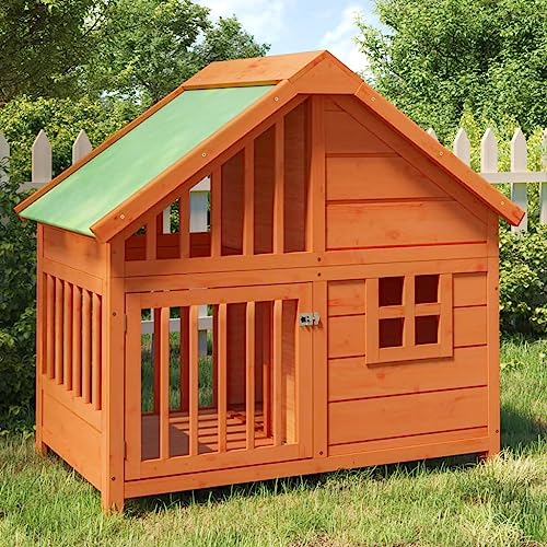 Ziaphsol Caseta para perros de madera de pino maciza, marrón y verde, 96 x 60,5 x 87 cm, con techo impermeable para perreras, cañones para perros, recintos para perros, recinto al aire libre y seguro