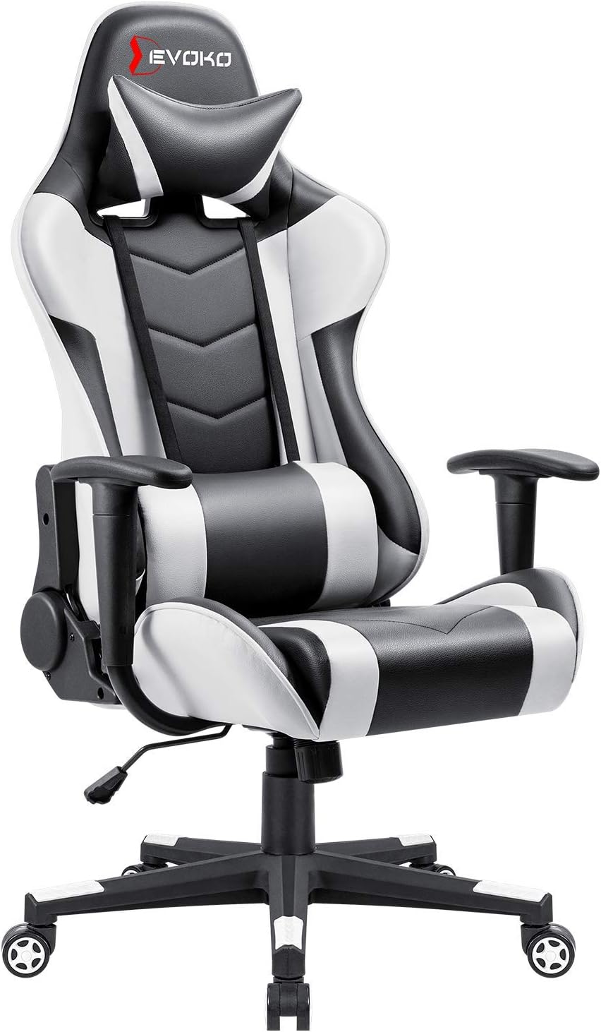 Gaming Chair Racing Style High Back PU Computer Chair Ergonomic Adjustable Height Desk Chair Recliner Swivel Executive Office Chair with Headrest and Lumbar Support (White)