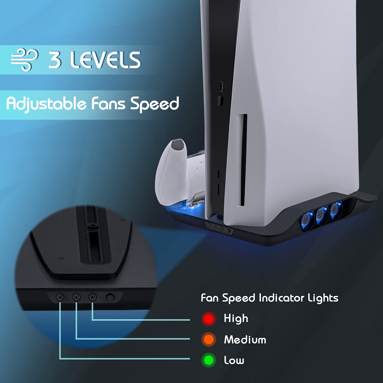Mcbazel PS5 - Ventilador de refrigeración, estación de Carga Vertical para PS5, Multifuncional con luz Azul y LED, Carga rápida para Mando de Juegos para Consola PS5-negro (no para PS5 Slim)
