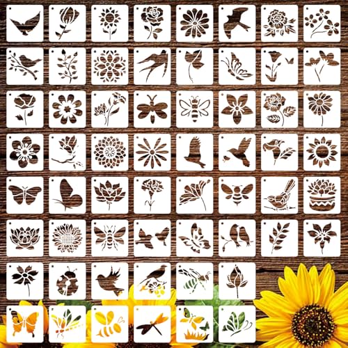 60 Pack Flower Stencils for Painting on Wood,Reusable Butterfly Stencils Bird Plastic Bee Wall Stencil DIY Craft Paint Template Set (3x3inch)