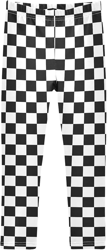 senya Girls Printed Leggings Yoga Pants White and Black Checked Seamless for Kids in 4t to 10 Years, 4T