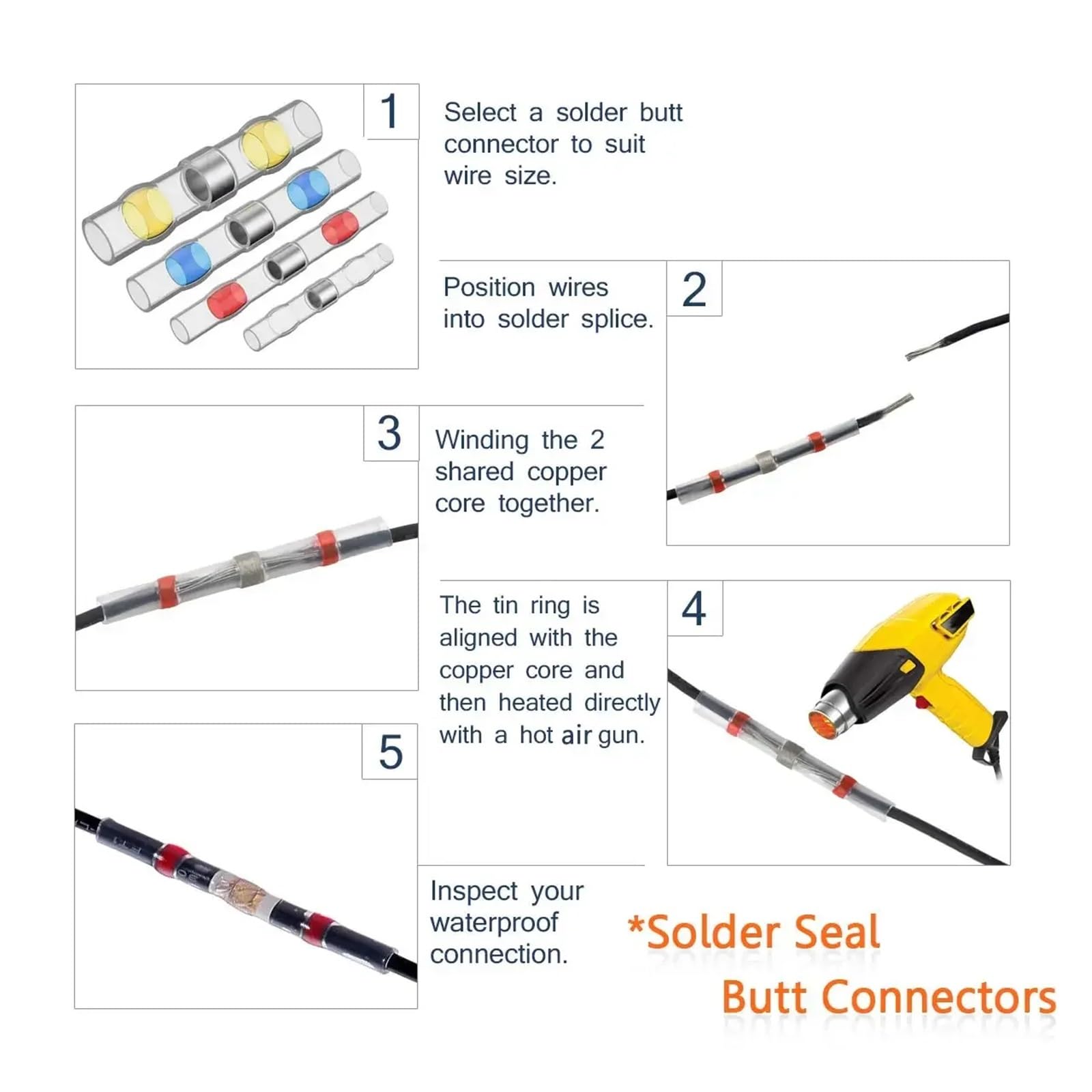 Assortimento di connettori per cavi elettrici a 360 gradi, terminali per cavi con saldatura termorestringente e kit di tubi termorestringenti.