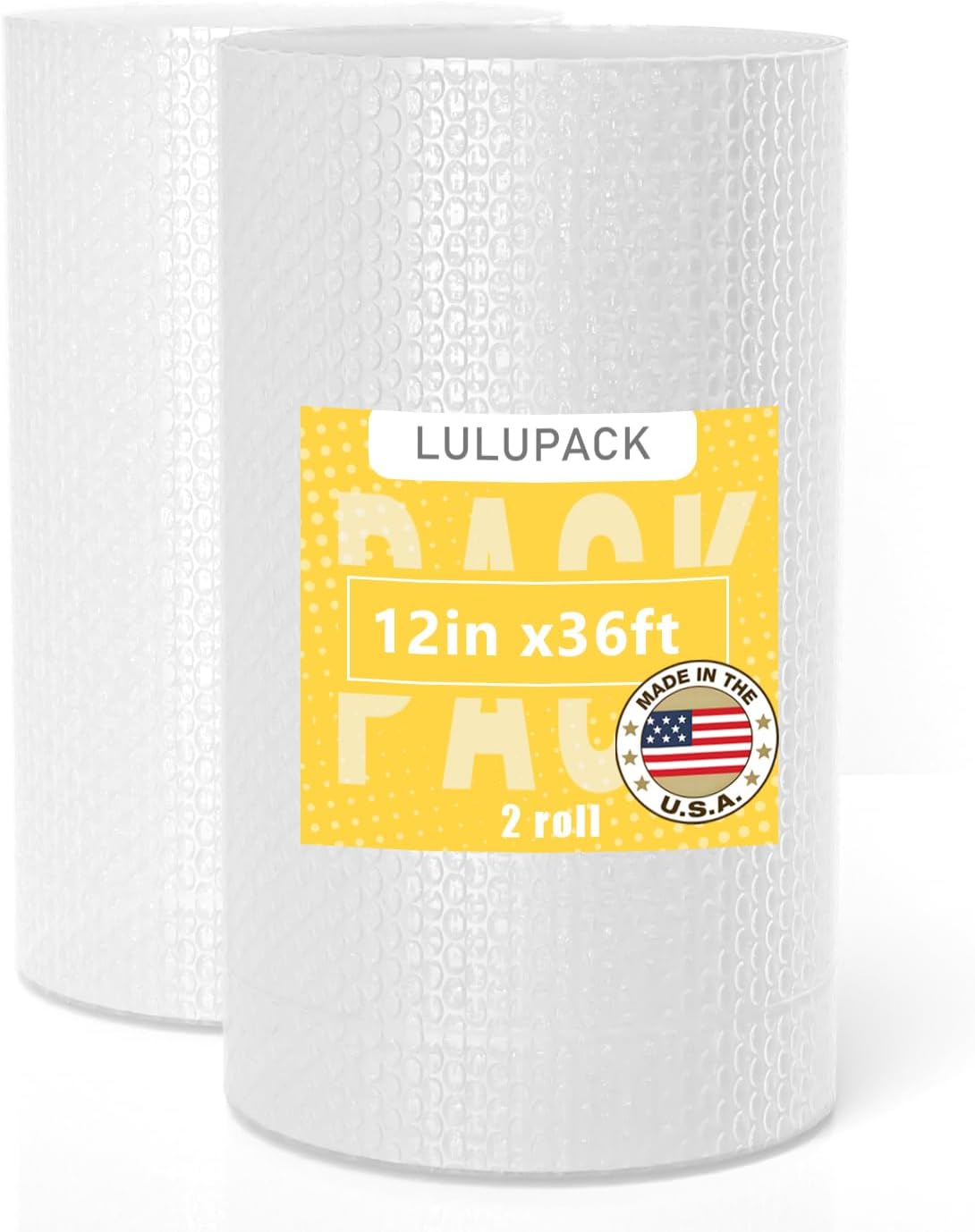 LULUPACK Bubble Cushion Wrap Roll 12in x 36ft – Coreless, Heavy Duty Bubble Roll for Packing, Moving, Shipping – Protective Cushioning for Boxes & Fragile Items (2 Rolls)