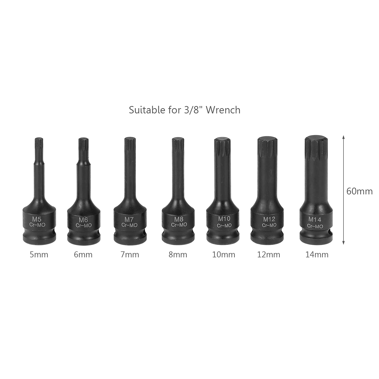 7 szt. Nasadek Udarowych 3/8" XZN, Potrójnie Kwadratowe, ze Stali