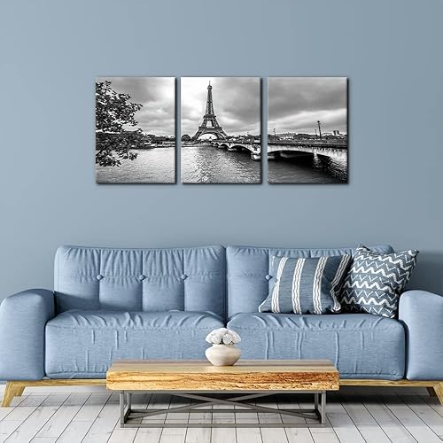 Miniatura 3 de Pacimo - 3 piezas de arte de pared en lienzo en blanco y negro - Torre Eiffel de París desde el Sena - Imágenes de paisaje urbano de Francia