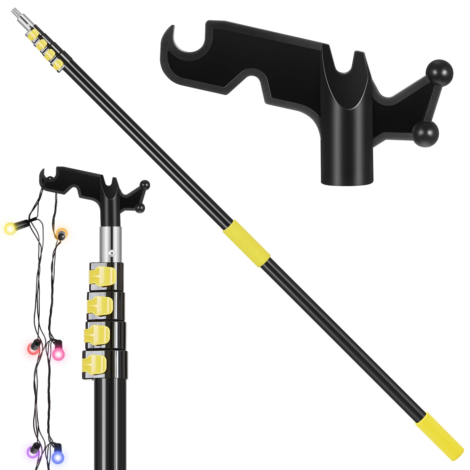 3.2-12 Ft Long Christmas Light Hanger Pole with Utility Hook, Telescopic Extension Pole Multi-Purpose for Christmas String Lights Installation Painting Cleaning Without Ladder?Yellow?
