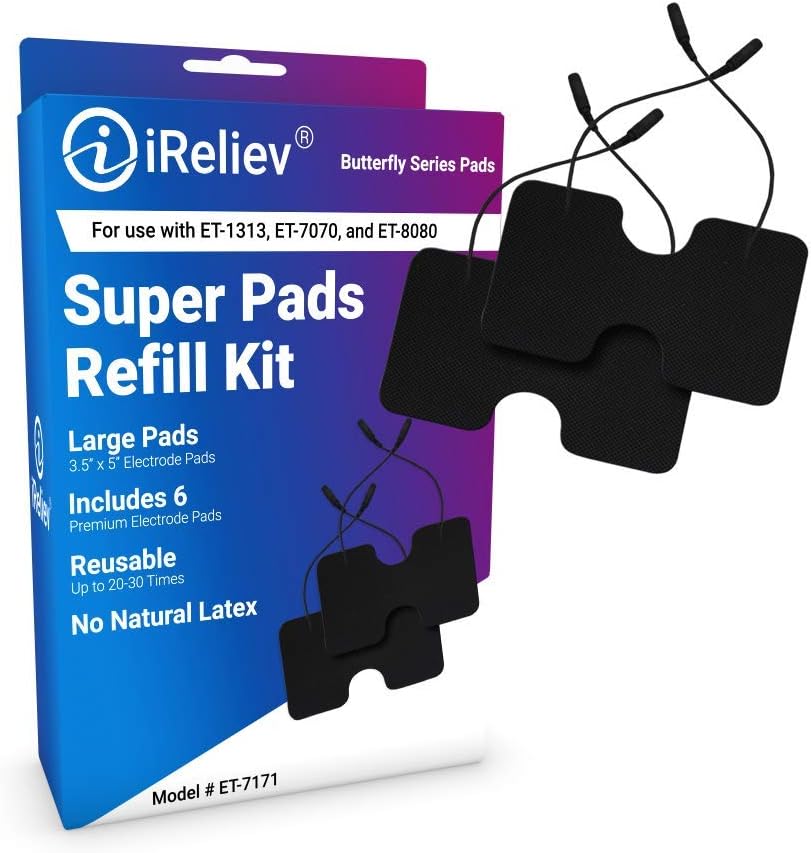 iReliev Wired Super Pads Refill Kit, Model ET-7171 - (6) XL 3.5" X 5" Electrode Pads, Premium Gel Made in The USA
