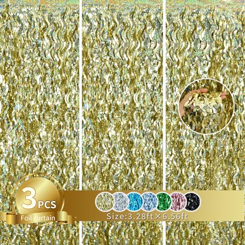 Image of TONIFUL 3Pcs Wavy Metallic Tinsel Foil Fringe Curtains Champagne Gold Streamer Backdrop for Photo Booth Props,Party Door Wall Curtains Bachelorette Wedding Birthday New Year Decor (9.9ft x 6.6ft)