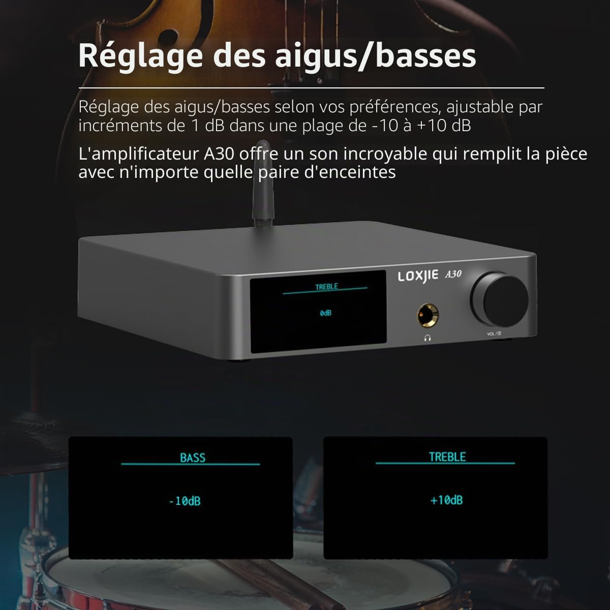 LOXJIE A30 Desktop Amplificateur de puissance audio stéréo HiFi - Amplificateur pour casque d'écoute,MA12070 Chip Class D Amp par Infineon,ES9023 DAC Chip,Entrée USB/Optique/Coaxiale/RCA/Bluetooth 5.0