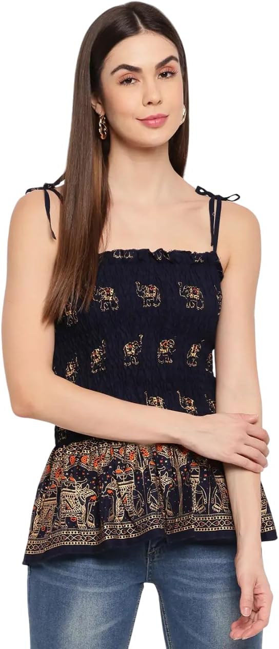 Bigdave Women's Rayon Elephant Print Casual Summer Style Tie Shoulder Straps Free Size Tank Top (Navy Blue1 Gold Pattern)