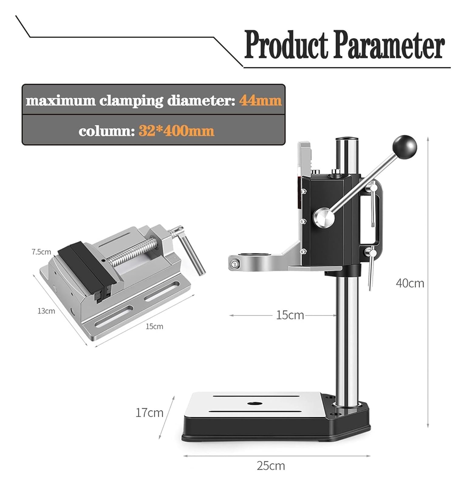 Soporte de Taladro, Soporte para Taladro, Soporte de prensa de taladro con tornillo de banco for mano, soporte de prensas de mesa ajustable con base de aleación de aluminio(A+VISE)