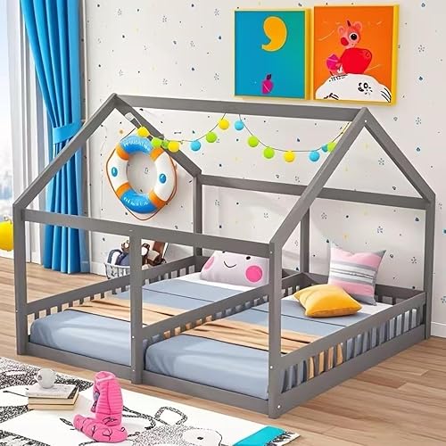 Miniatura 37 de Base de cama de casa de tamaño individual con techo y valla, marco de cama de madera para niños pequeños, adolescentes, niñas, niños, se puede