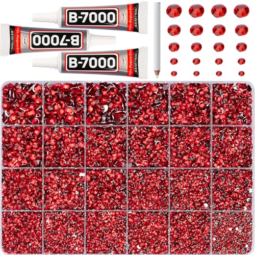 32000Pcs Red Rhinestones for Bedazzling Siam Assorted Sizes 2-6MM Flatback Gems Bedazzle Kit with B7000 Glue Flat Back Resin Gemstone Rhine Stone Diamond Jewel Crystal for Crafting Clothes