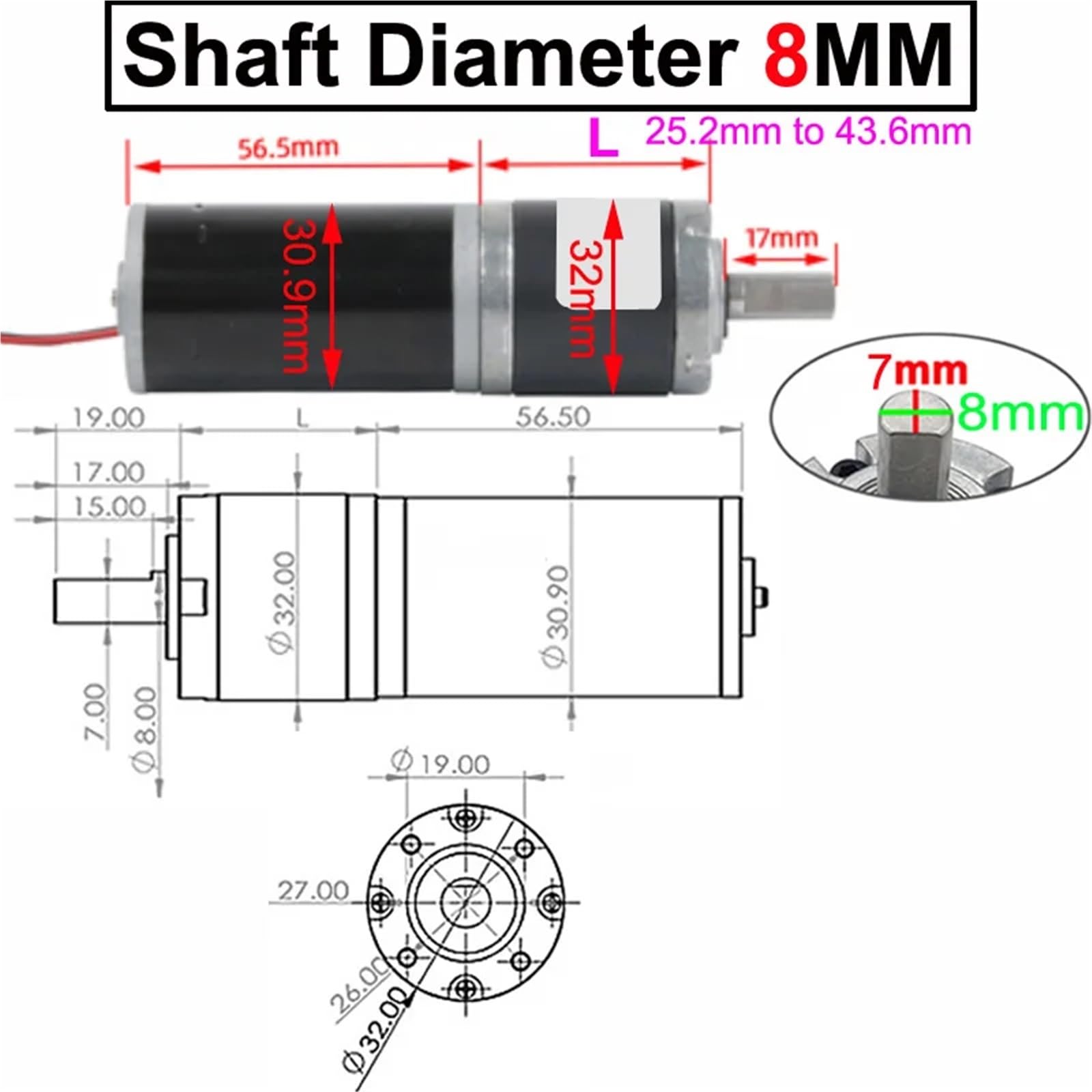 Motoriduttore planetario DC 24 V 12 V a bassa velocità piccolo diametro motore 32 mm velocità regolabile e diametro albero reversibile 6 mm o 8 mm (24 V 571 rpm 5 kgf.cm, diametro albero 8 mm)