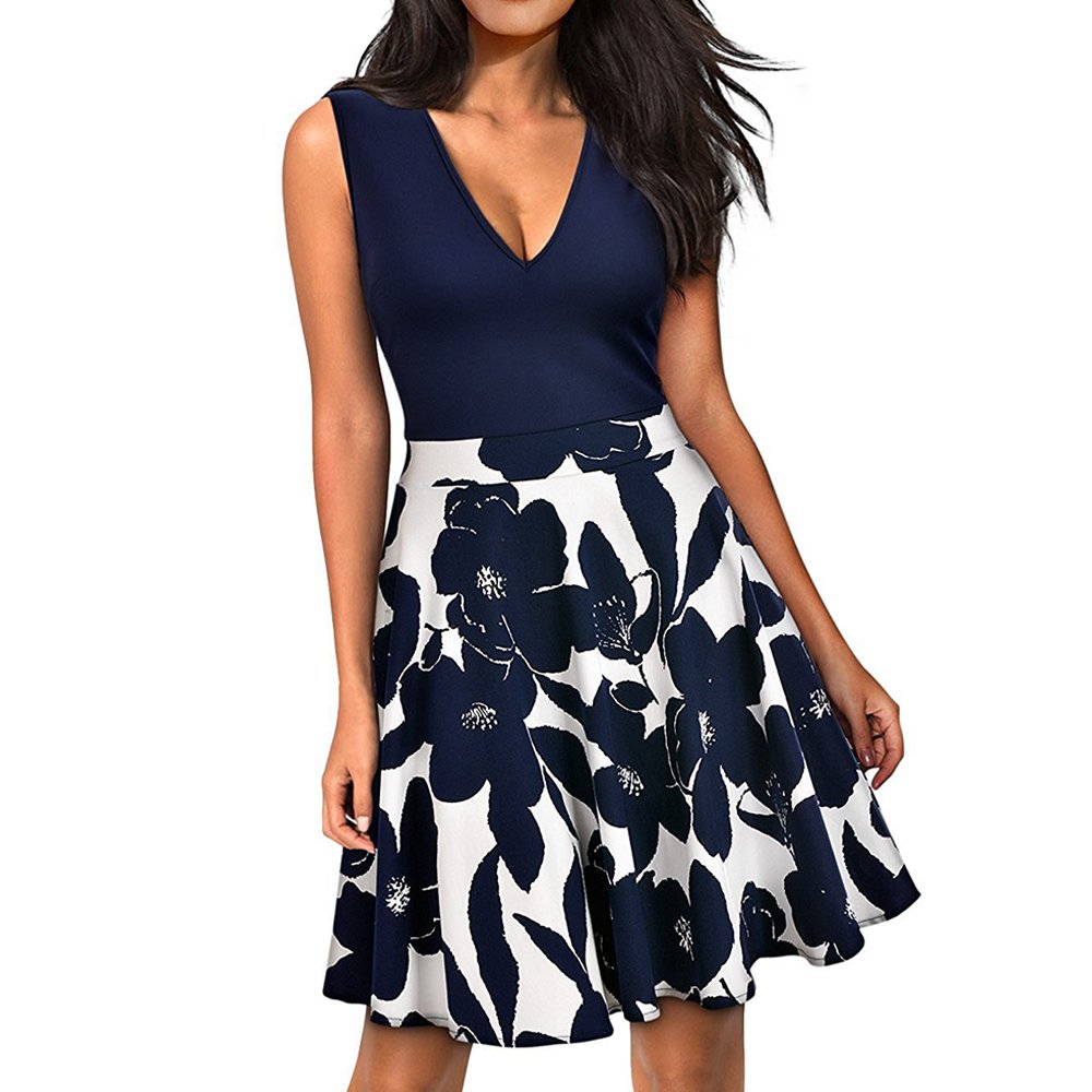 Women's Vintage Casual Flare Floral Contrast Sleeveless Cocktail Party Mini Dress (S, Navy Blue)