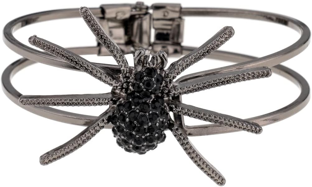 Madison Tyler Spider Hinge Bangle Bracelets | Halloween Gothic Hemetite Bracelet with Black Crystal for Women | Halloween Holiday Party Gifts