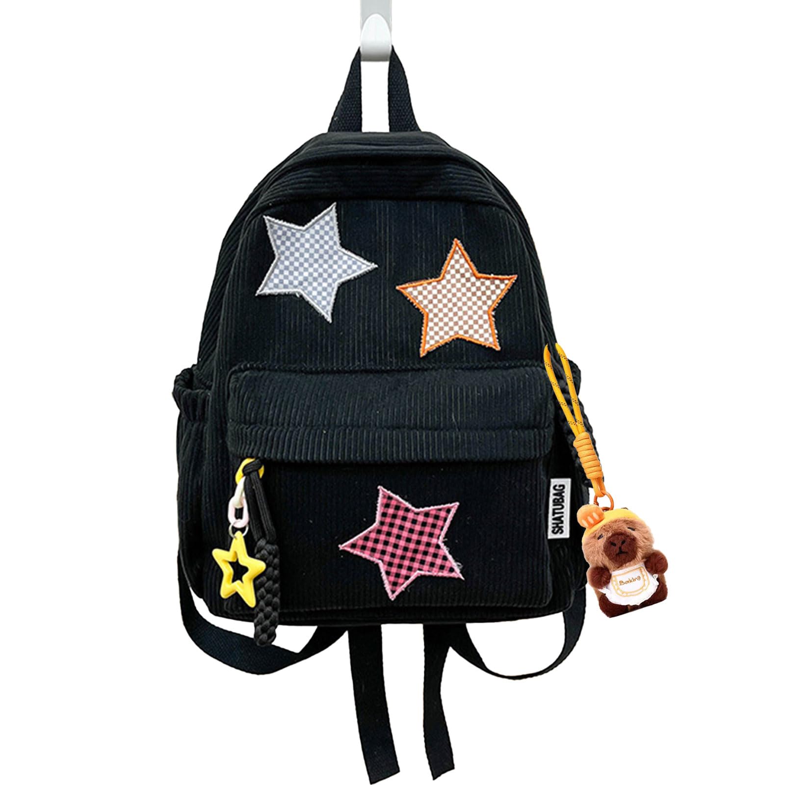 knictto Stars Star Patch Backpack with Chic Case for Women Korean Corduroy Large Capacity Bag Daypack for Travel Sport (Black,Small)