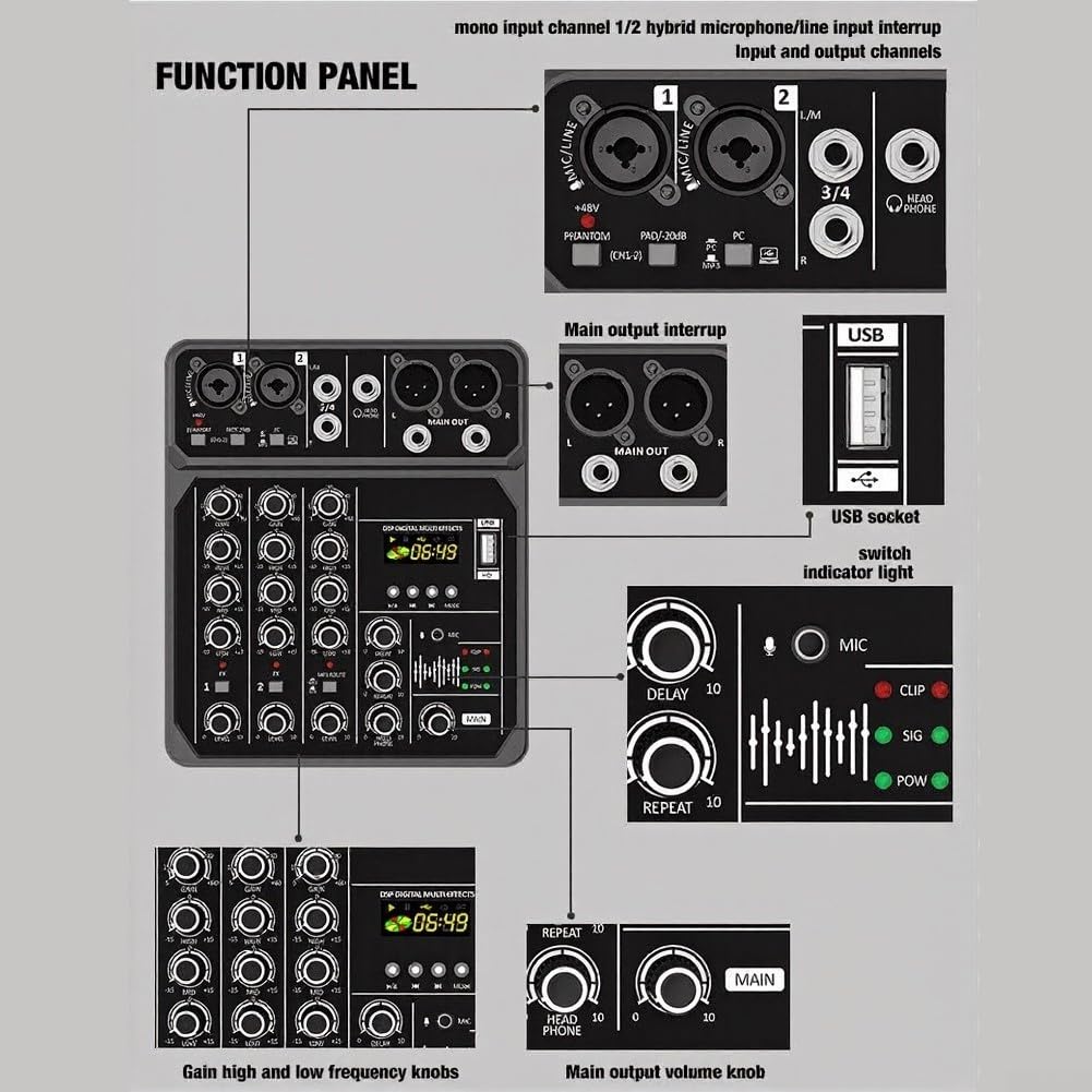Console di mixaggio a 4 canali con riproduzione MP3 da 48 V per esibizioni all'aperto Musica Canto Mixer portatile