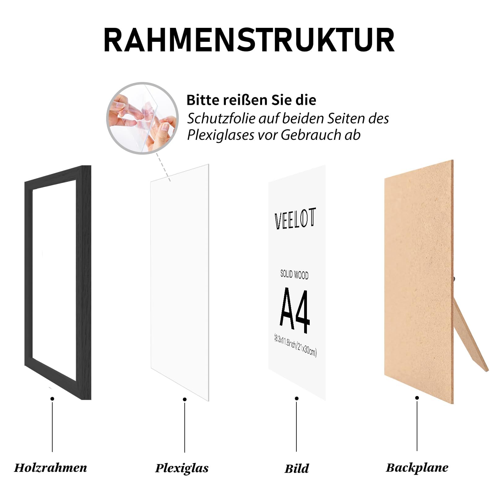 SILD - Cornice per poster A2, in legno massello, colore: nero, formato A2 con supporto per cornice A3, set di 2