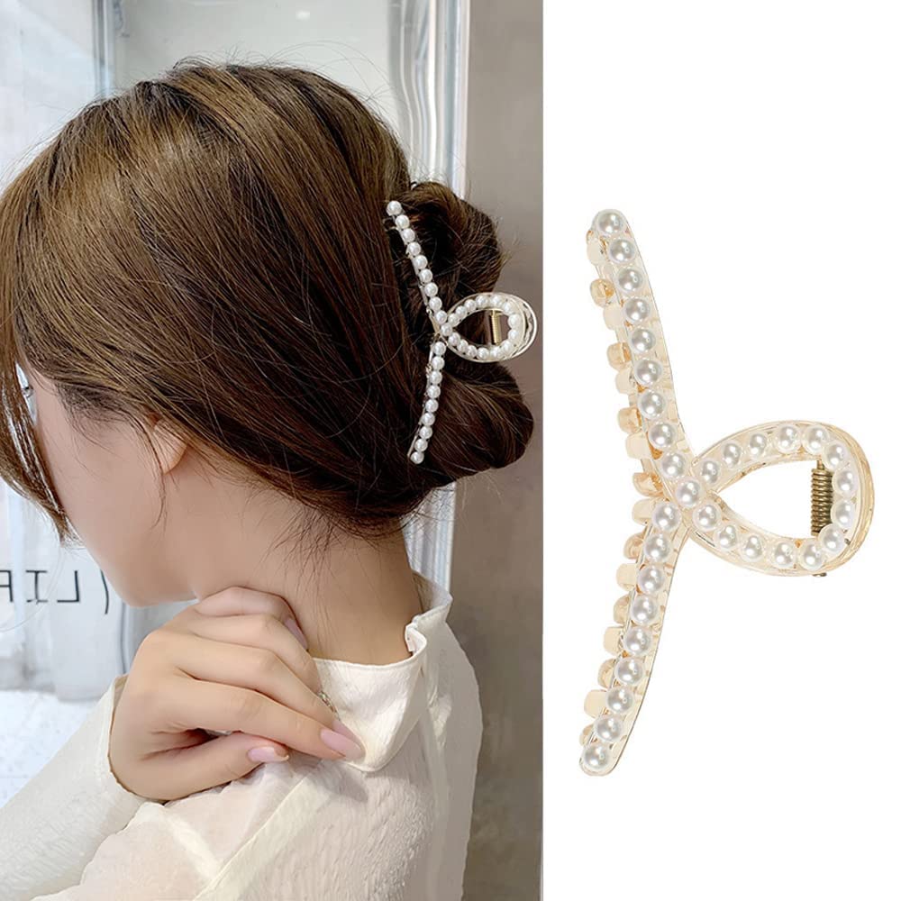 2 piece Large Pearl Hair Claw Clips White Black Hair Clips Thick Long Hair Jaw Clips Barrettes Hair Accessories for Women and Girls