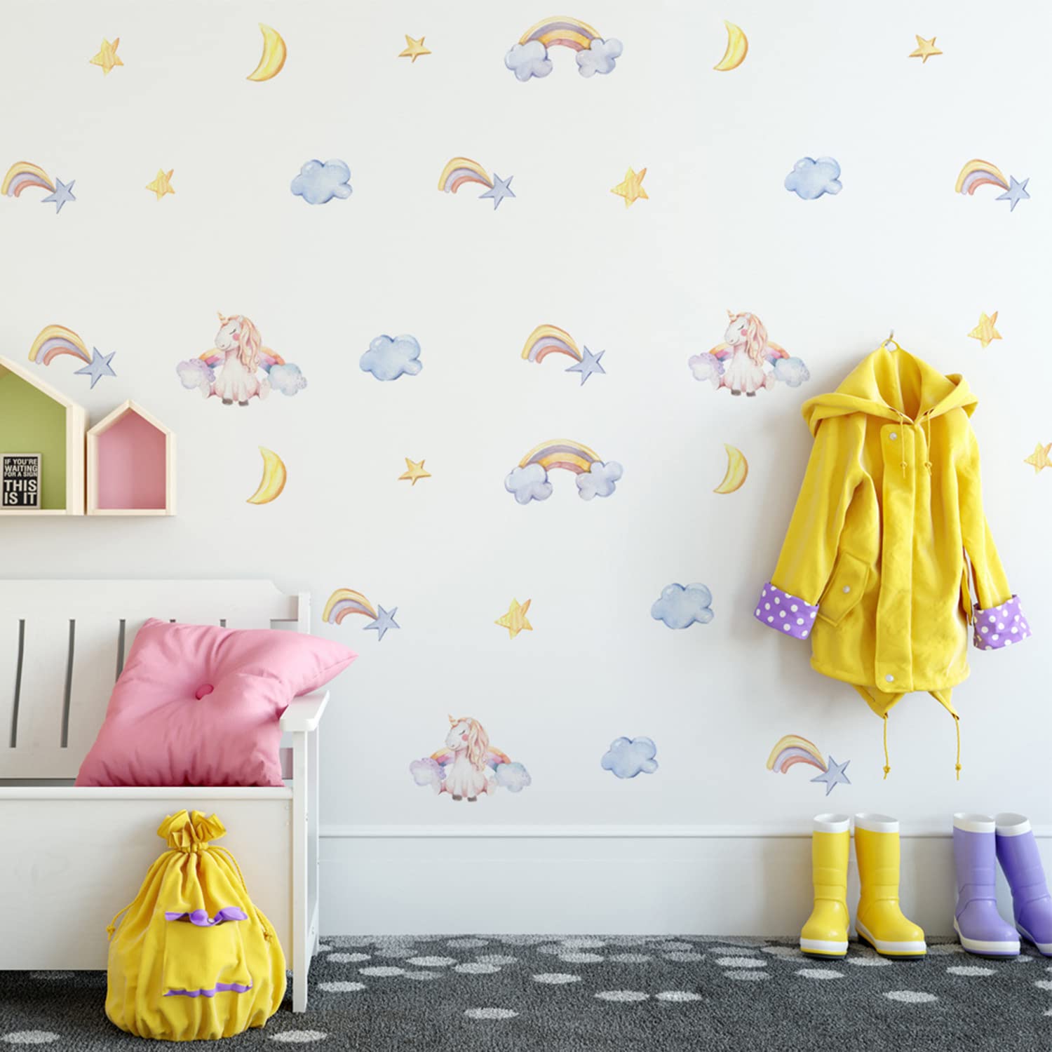 Cute Rainbow and Unicorn Kids Wall Stickers Decals Peel and Stick Removable for Kids Bedrooms, Baby Room, Kids Room, Nursery Bedroom Living Room Art murals Decorations,Removable Vinyl Stickers (M)