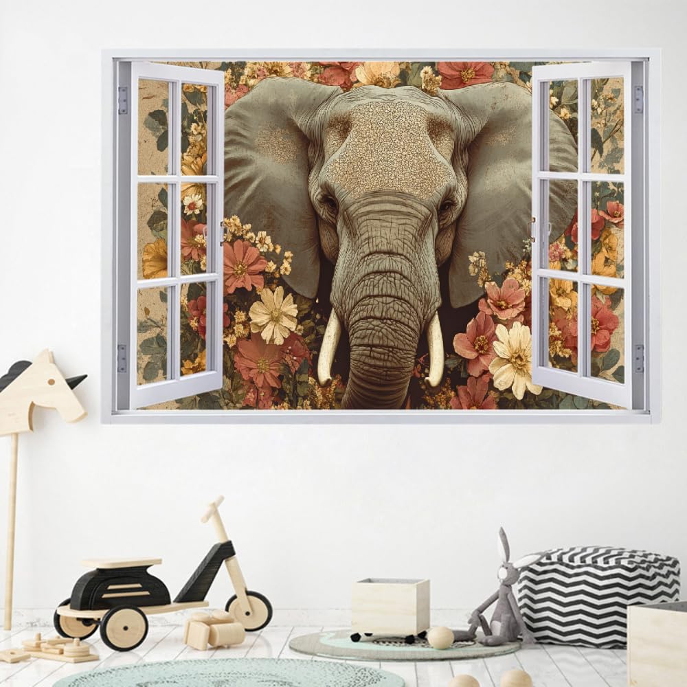 Stickers Muraux 3D Smashed Murales Fleur D'Éléphant Autocollants De Sol En Vinyle Imperméables Amovibles Art Animaux Rétro Pour Chambre Salon Bureau Pépinière Décoration Murale 112x75cm