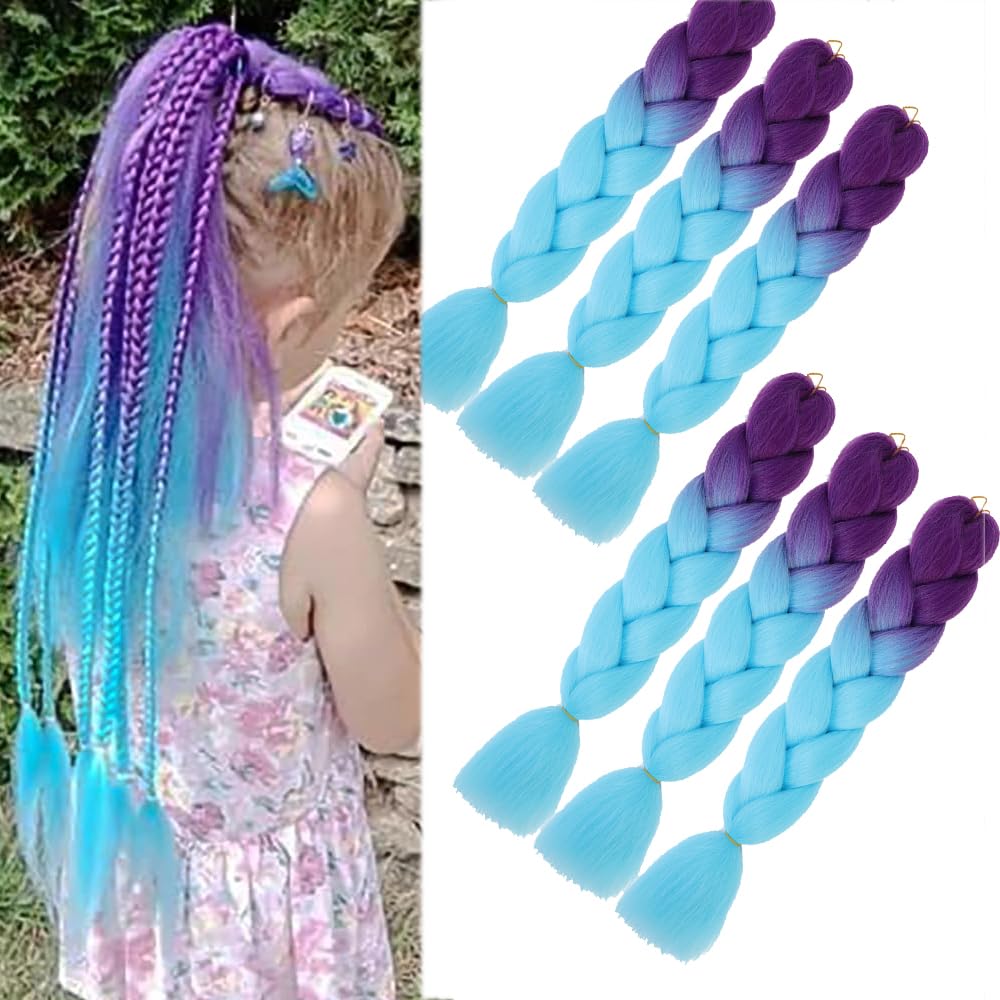 purple blue braiding hair extension 6pcs Coloured hair extensions for braiding Soft Yaki Texture Synthetic African Braids Extension for crochet box braids DIY Hairstyles