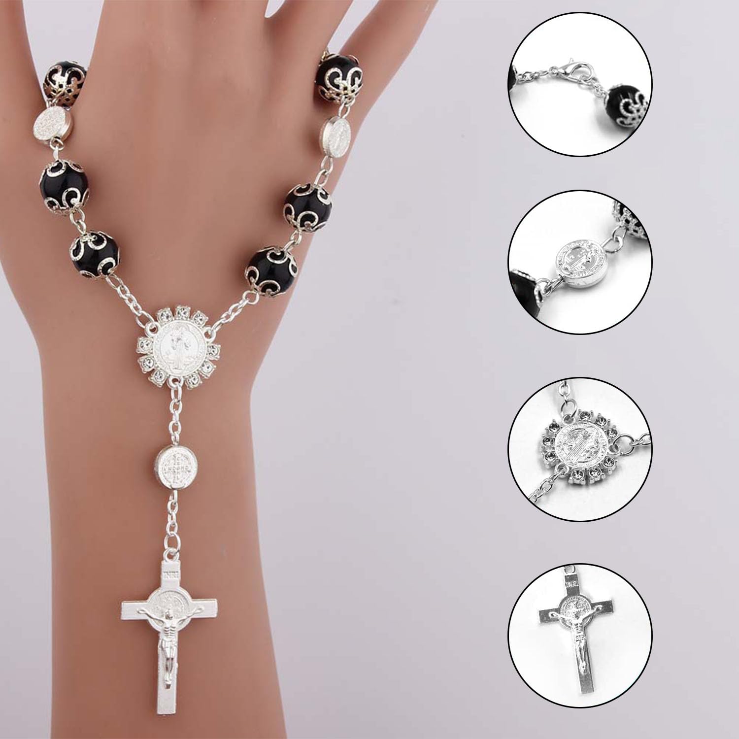 Rosario Per Auto Con Croce | 2 Pezzi Per Specchietto Retrovisore | Decorazione Interni Nero - Foto 8