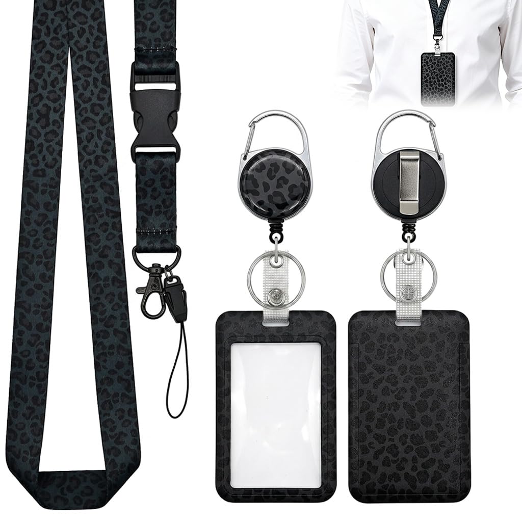 Fashionable Sliding Badge Holder, Lanyard Card Holder Set with Heart Pink Detachable Card Holder with Retractable Badge Reel Cute Breakaway Lanyards for Office Worker Teacher Nurse (Black Leopard)