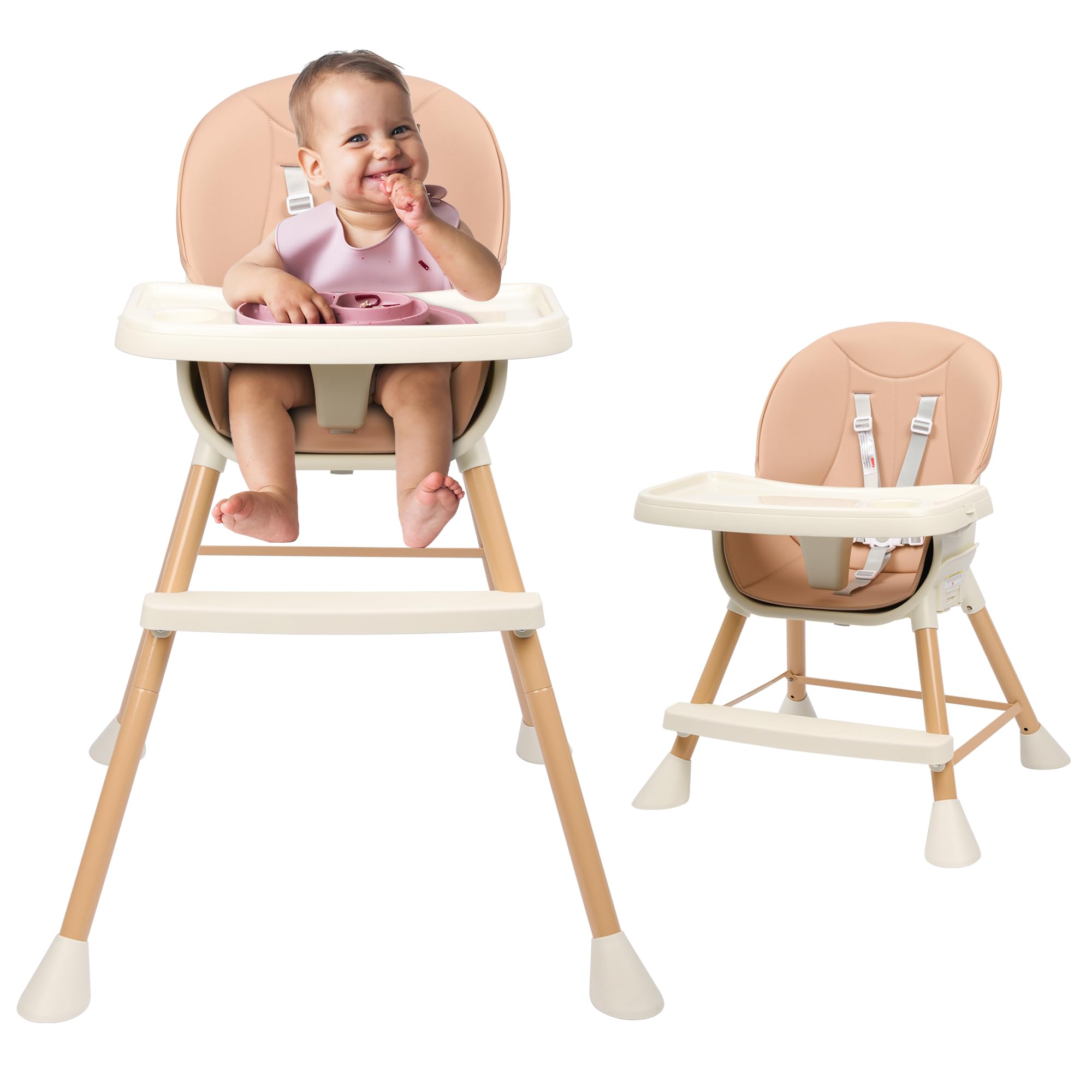 6-in-1 Baby High Chair, Convertible High Chairs for Babies and Toddlers, Infant Feeding Highchair with Cushion, 5-Point Harness, Footrest, Removable Tray, and Adjustable Legs, Pink