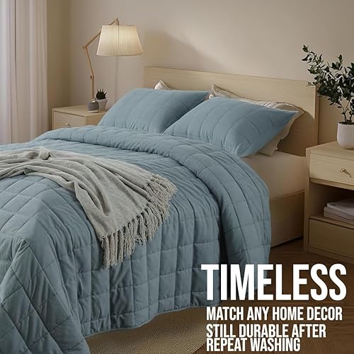 Vista 33 de KASENTEX - Juego de edredón lavable a máquina, cubrecama muy suave, ligero, lavado a la piedra, con costuras detalladas, matrimonial/queen con 2