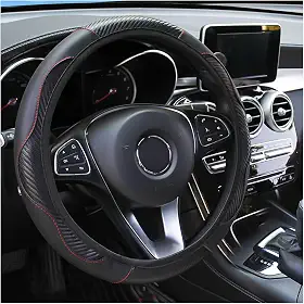 Osilly Capa de volante de carro, 38 cm, fibra de carbono, microfibra, couro PU, elástico, protetor de volante para homens e mulheres, acessórios de interior de carro respiráveis antiderrapantes para a maioria dos carros (preto)