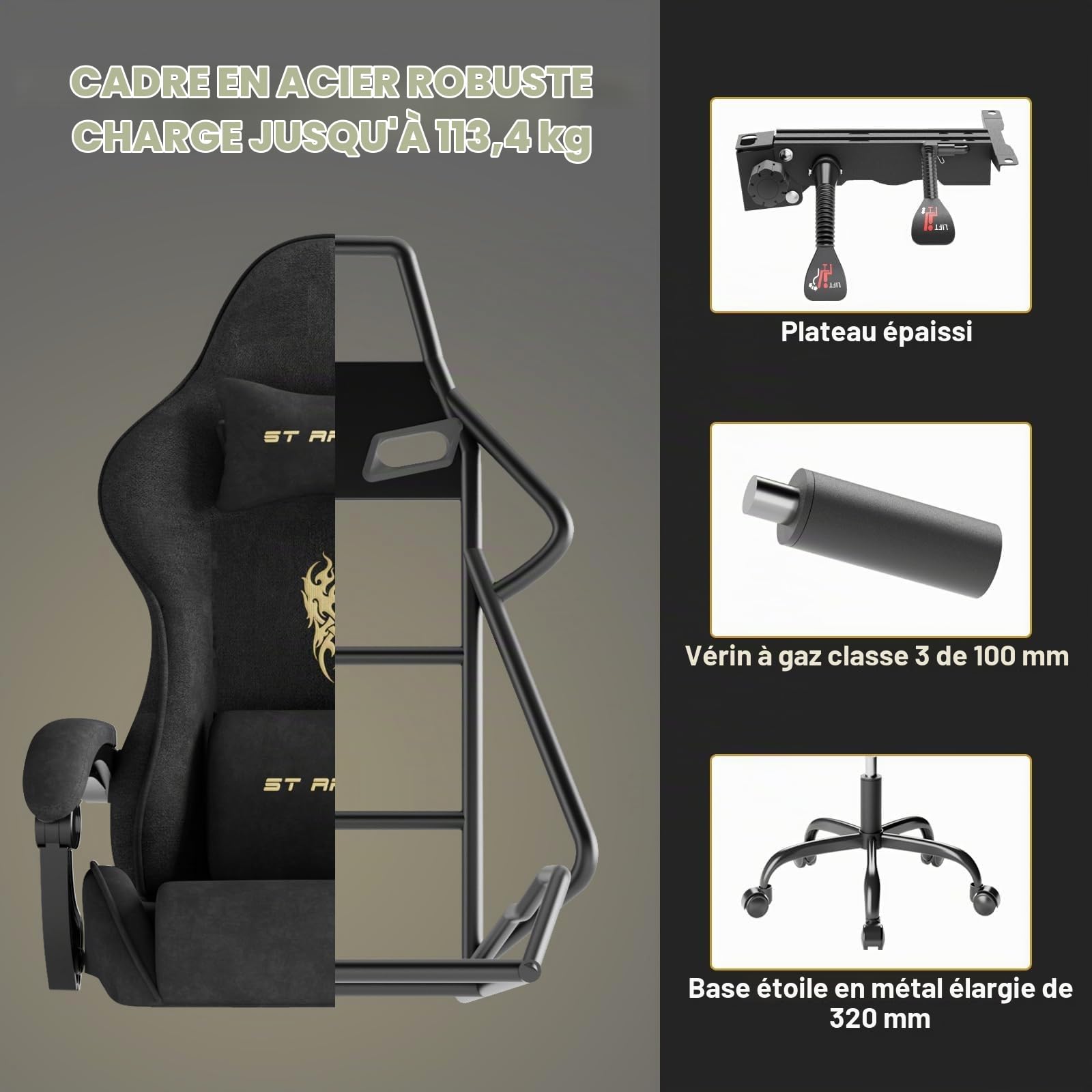 Chaise Gaming Chaise Ergonomique Bureau,Fauteuil Game Repose-Pieds Rétractable & Dossier Réglable,Confort Tissu Velours, Noir
