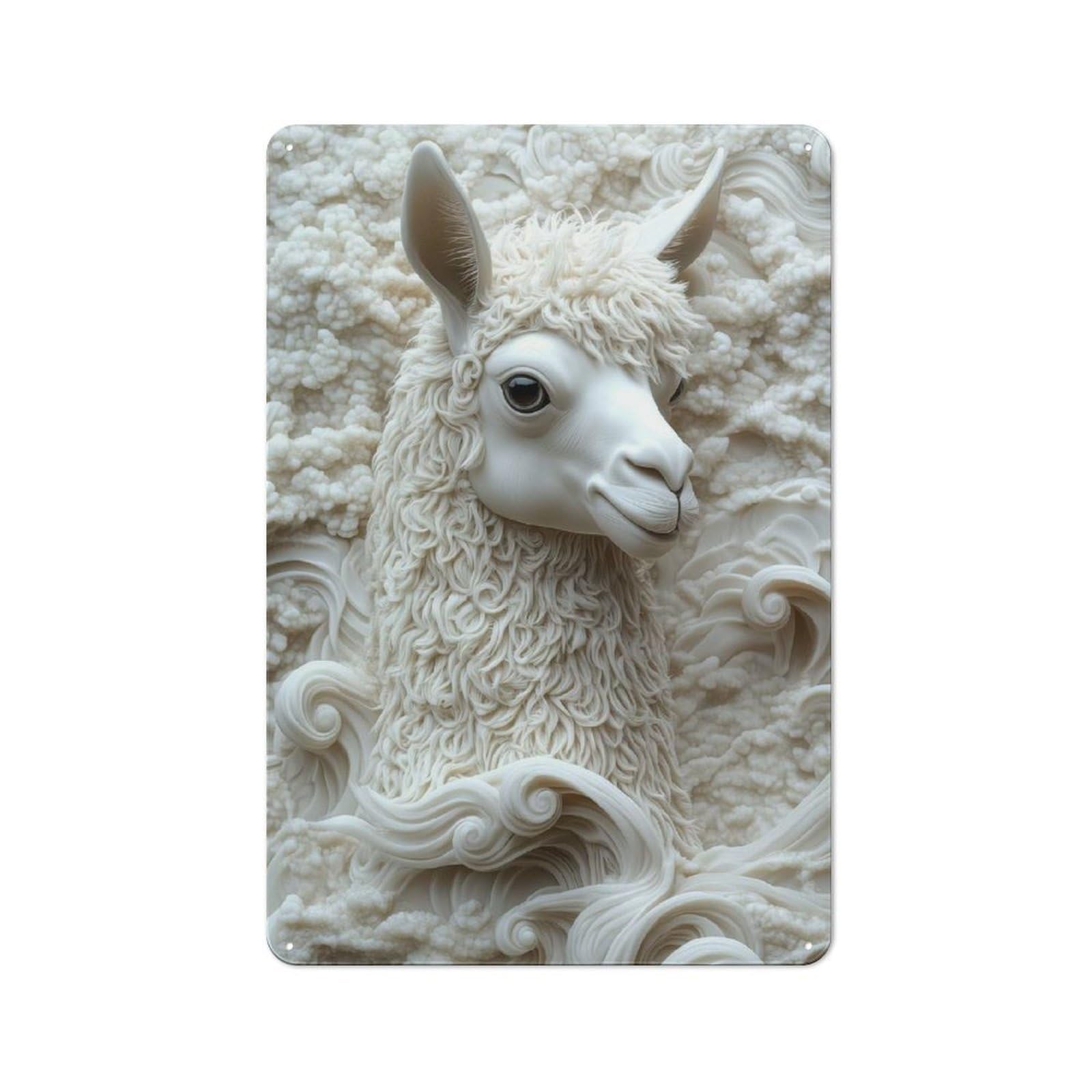 Junmoney Style-2 Loft Style Metal Wall Sign 30X20cm Featuring Monochrome Alpaca Sculpture, Studio Wall Art For Loft, Studio, Office Or Creative Room