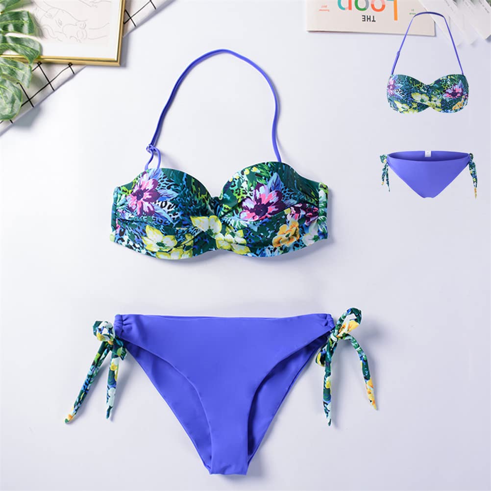 Yutdeng Conjuntos de Bikinis Mujer Push Up Bandeau Sin Tirantes Bikini Brasileño Tanga Trajes de Baño de Dos Piezas Estampado Floral Biquini Bañadores Mujer Natacion