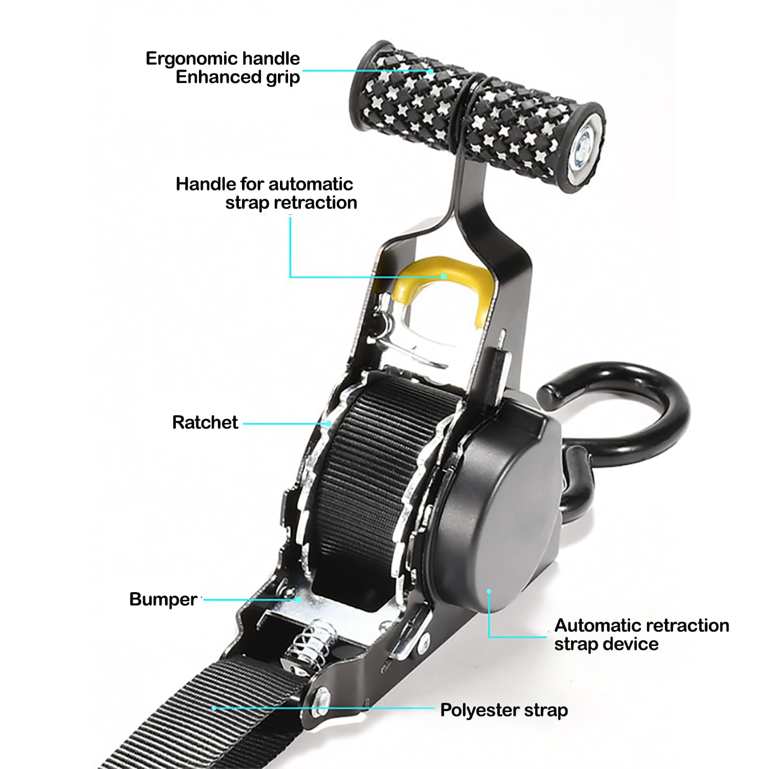 M&Catree Sangles d'Arrimage à Cliquet Rétractables (Paquet de 2) – Résistance à la Rupture de 680 kg, Sangles d'arrimage à rétraction Automatique 2.5cm x 3.3m avec poignées rembourrées