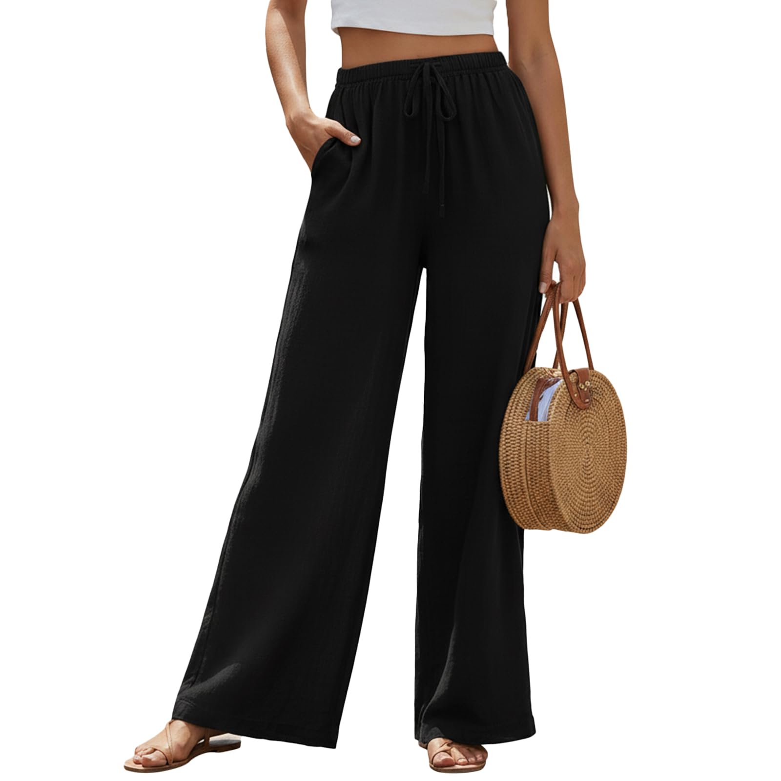 Womens Linen Trousers, Wide Leg Summer Pants with Pockets, High Waisted Elastic Waist Casual Loose Palazzo for Ladies Black