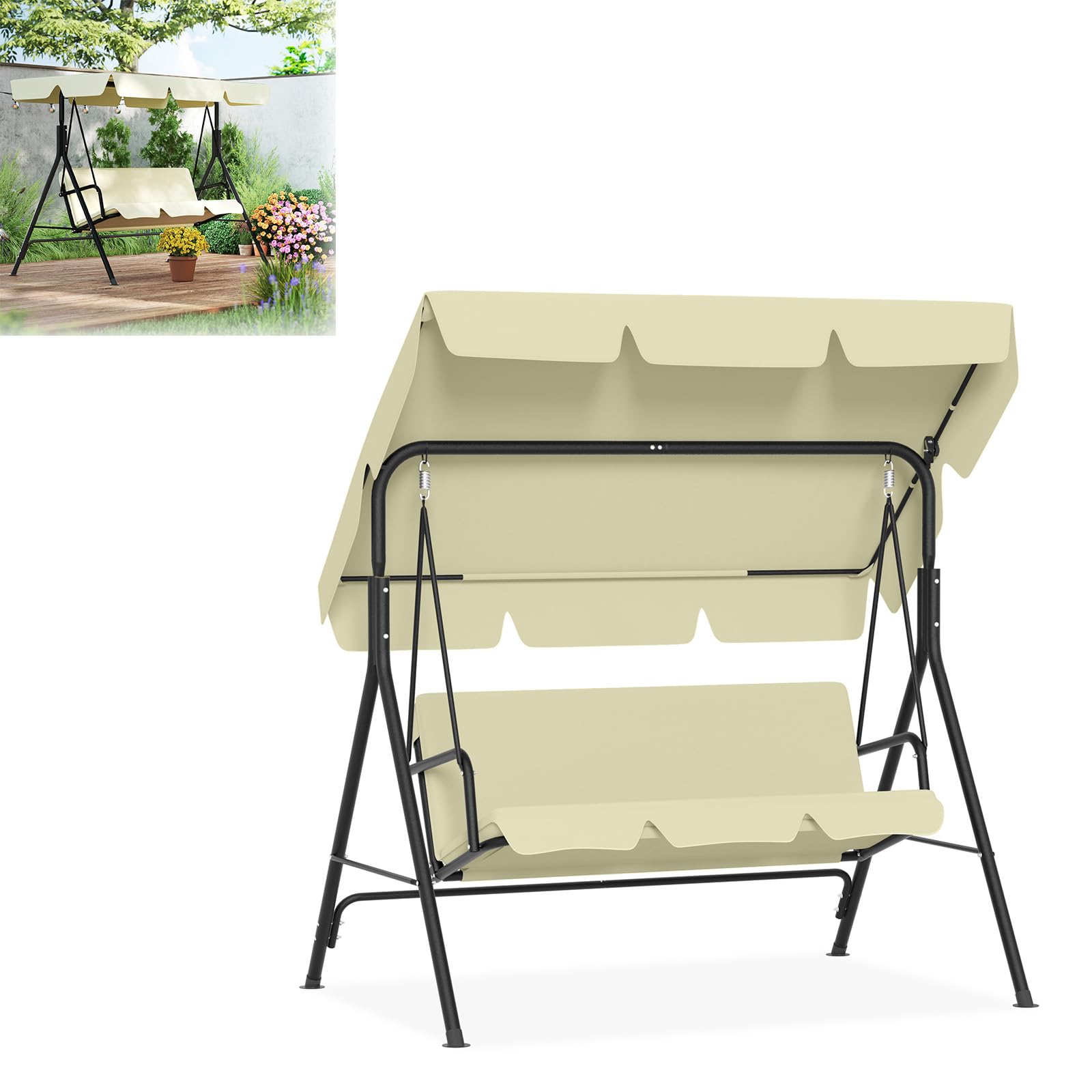 LILIIN Hollywoodschaukel Gartenschaukel 3 Sitzer mit Sonnendach, bis 200kg Belastbar, Wetterfeste Schaukelbank mit Komfortkissen & Anti-Rutsch-Füßen, Beige/193x110x152cm