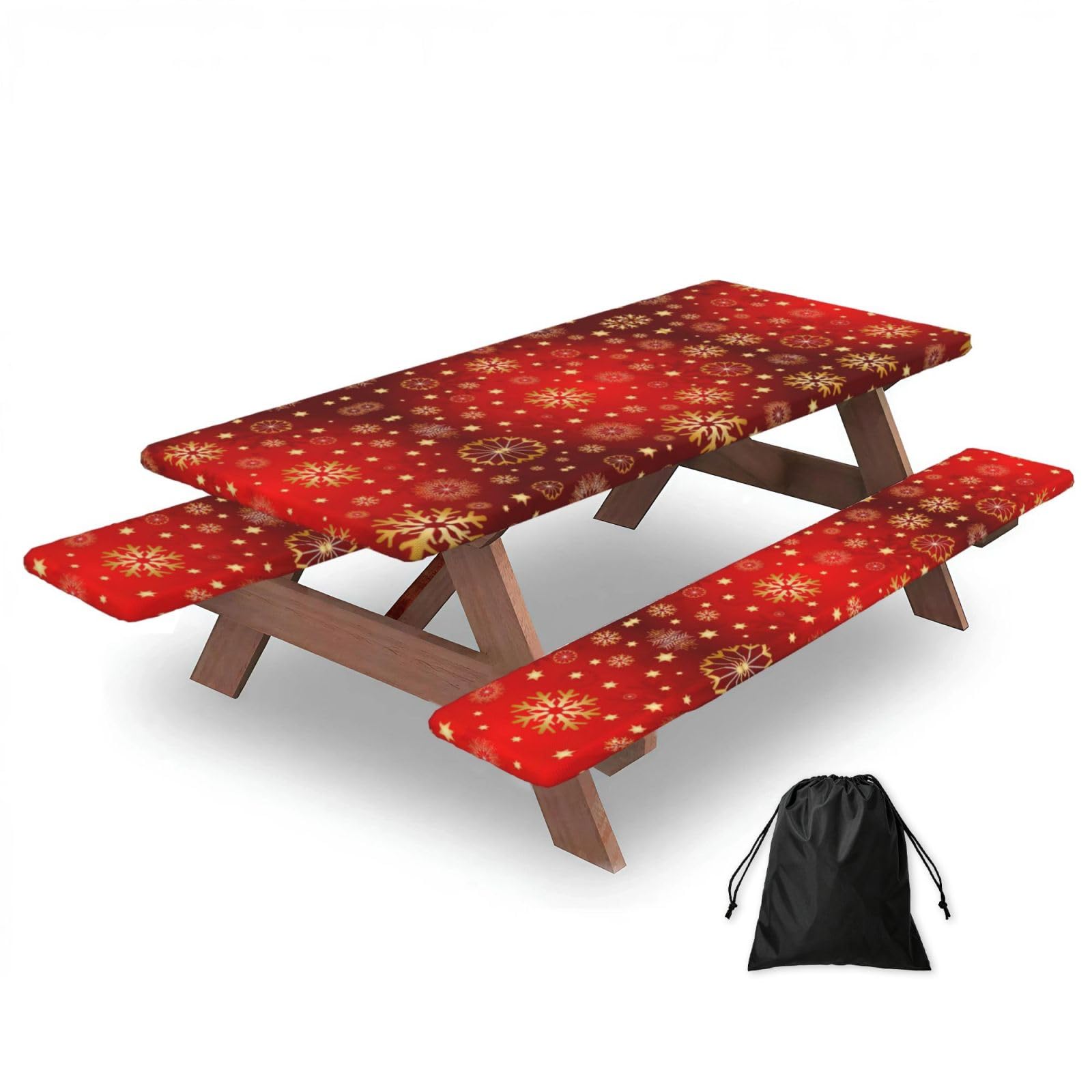 Duwaa Black Red Background Golden Snow Print 183Cm Picnic Table Cover With Bench Covers, Waterproof Elastic Tablecloth Set For Outdoor