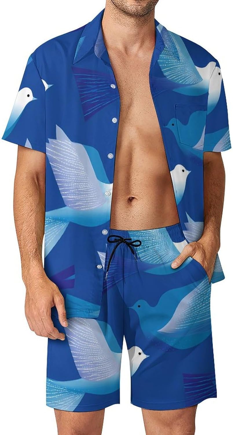 Pigeons Blue Geometry Men's Summer Beach 2 Piece Outfits | hawaiian button down shirt and shorts,vacation cruise,mens bathing suit
