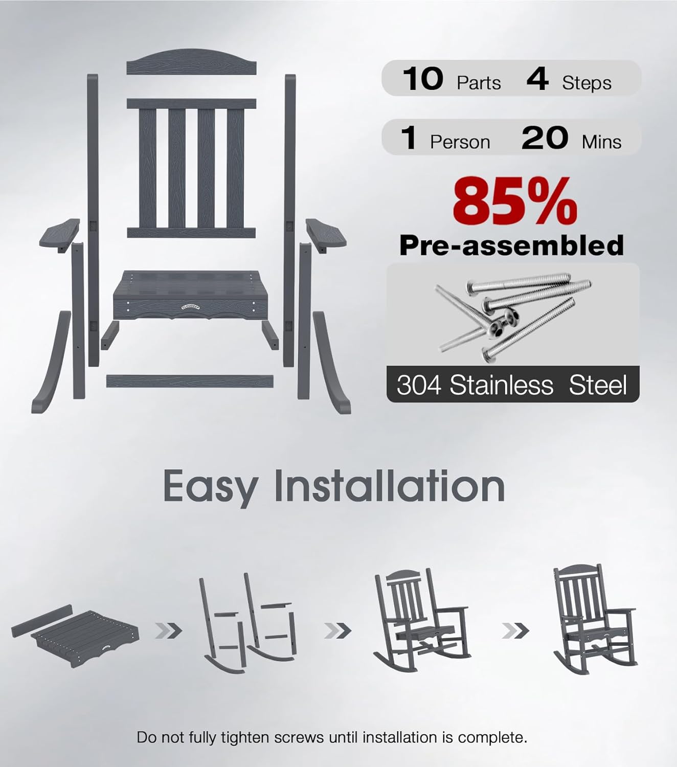 Oversized Outdoor Rocking Chair, High Back Porch Rocker Chair for Adult, HDPE All Weather Resistant Patio Rocking Chairs, Grey