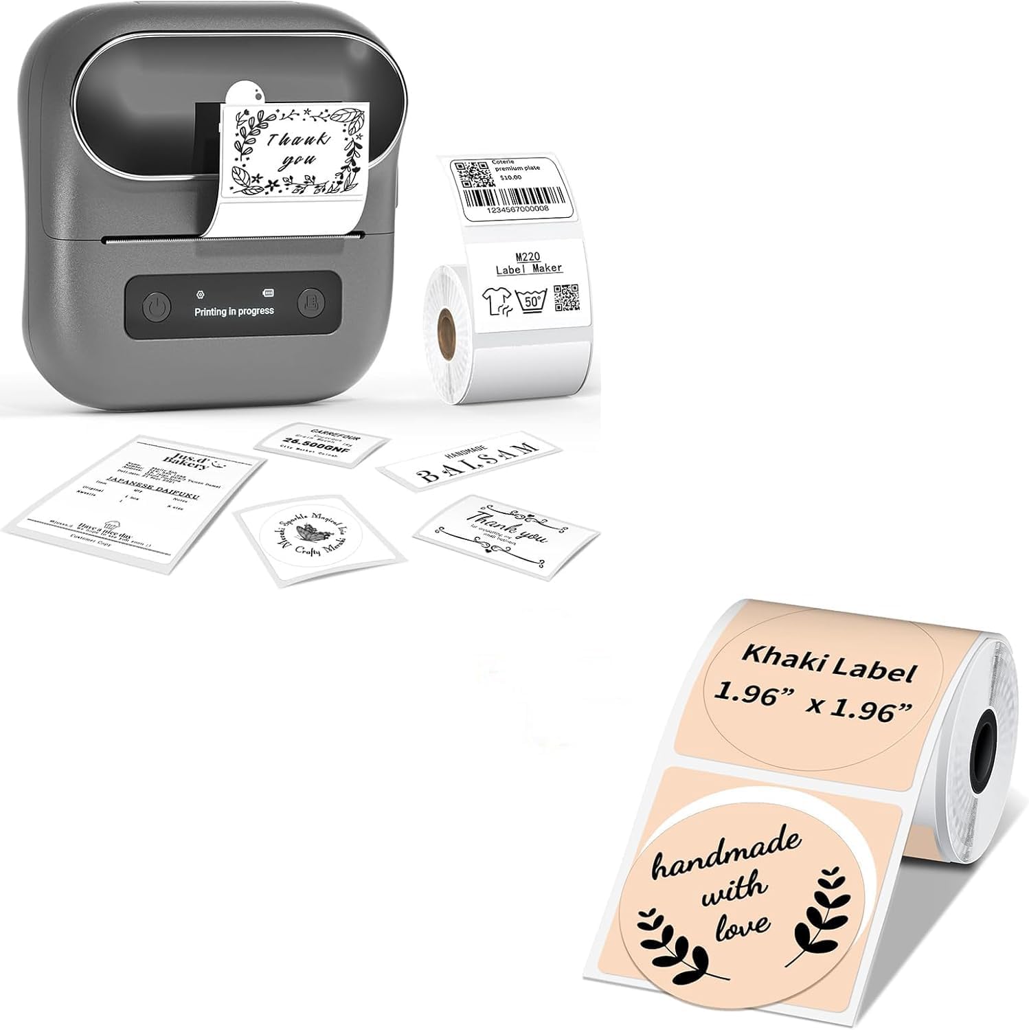 Phomemo M220 Label Maker & 1 Roll Thermal Round Khaki + 1 Roll Labels, Label Makers Upgrade,3.14 Inch Portable Thermal Printer Support 20-80mm Width Label