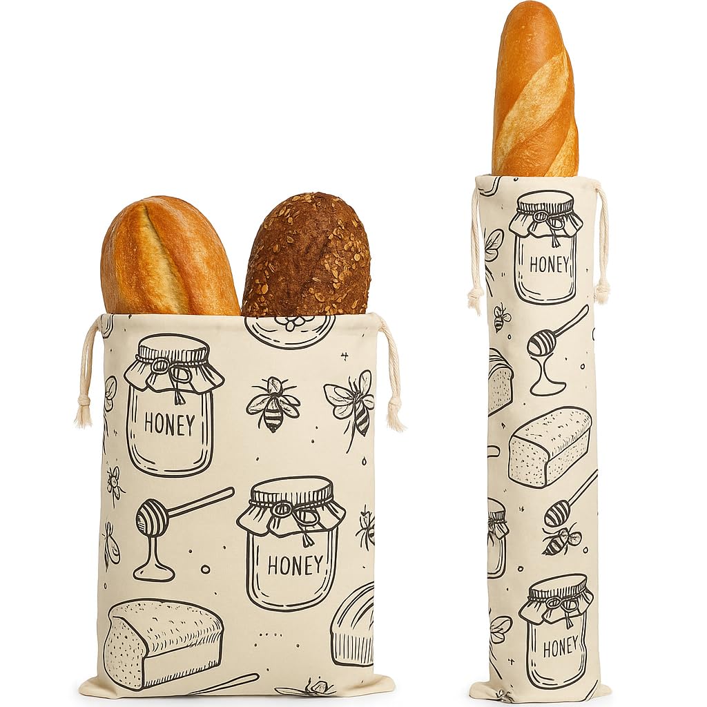Eco-Friendly Natural Beeswax Bread Bags for Homemade Bread and Sourdough - Beeswax Wraps for Food, Biodegradable, Compostable, Aesthetic Patterns, Plastic-Free Packaging 2 Pack