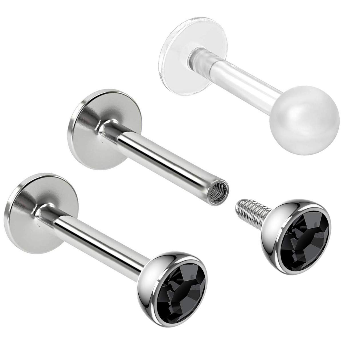 Bling Piercing 2pc 16g 5/16 Labret Stud Lip Rings 3mm CZ Snake Bite Marilyn Monroe 6mm + Clear Retainer