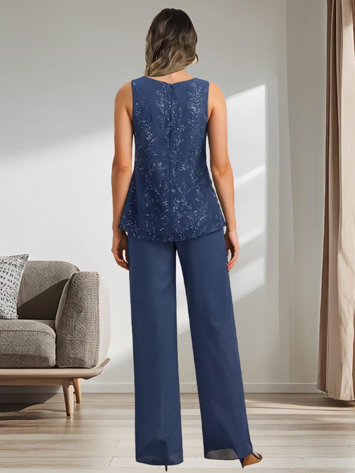 JAEDEN Damen Hosenanzug für Hochzeit Chiffon Brautmutter Anzug Festlich 3 Teilig Hosen Set Koralle 34