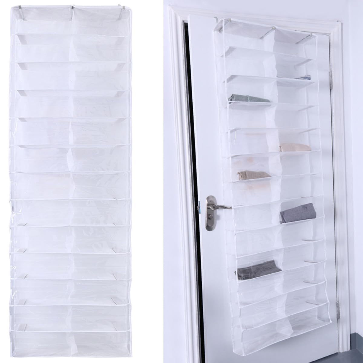 2 Piezas Organizador de Zapatos para Puerta, Colgador para Colgar Puerta, 26 Bolsillos, Blanco, Pvc, Tela No Tejida y Metal, para Zapatillas y Bufandas, Almacenamiento Colgante