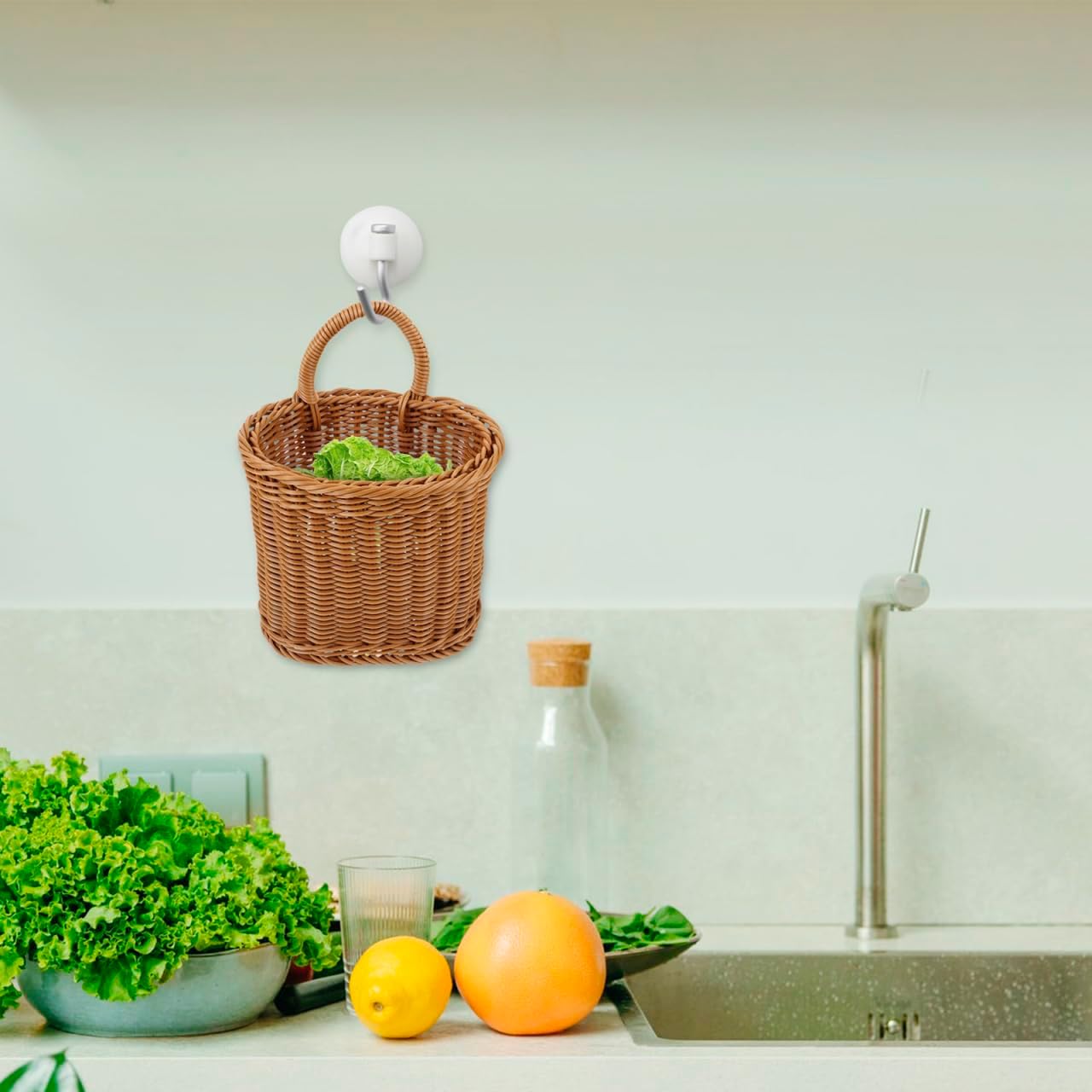 Balacoo Wall Hanging Basket, Woven Imitation Rattan Storage Basket, Hanging Flower Basket for Kitchen Wall Decor, 10.03 X 6.29 X 6.29 Inch, Brown