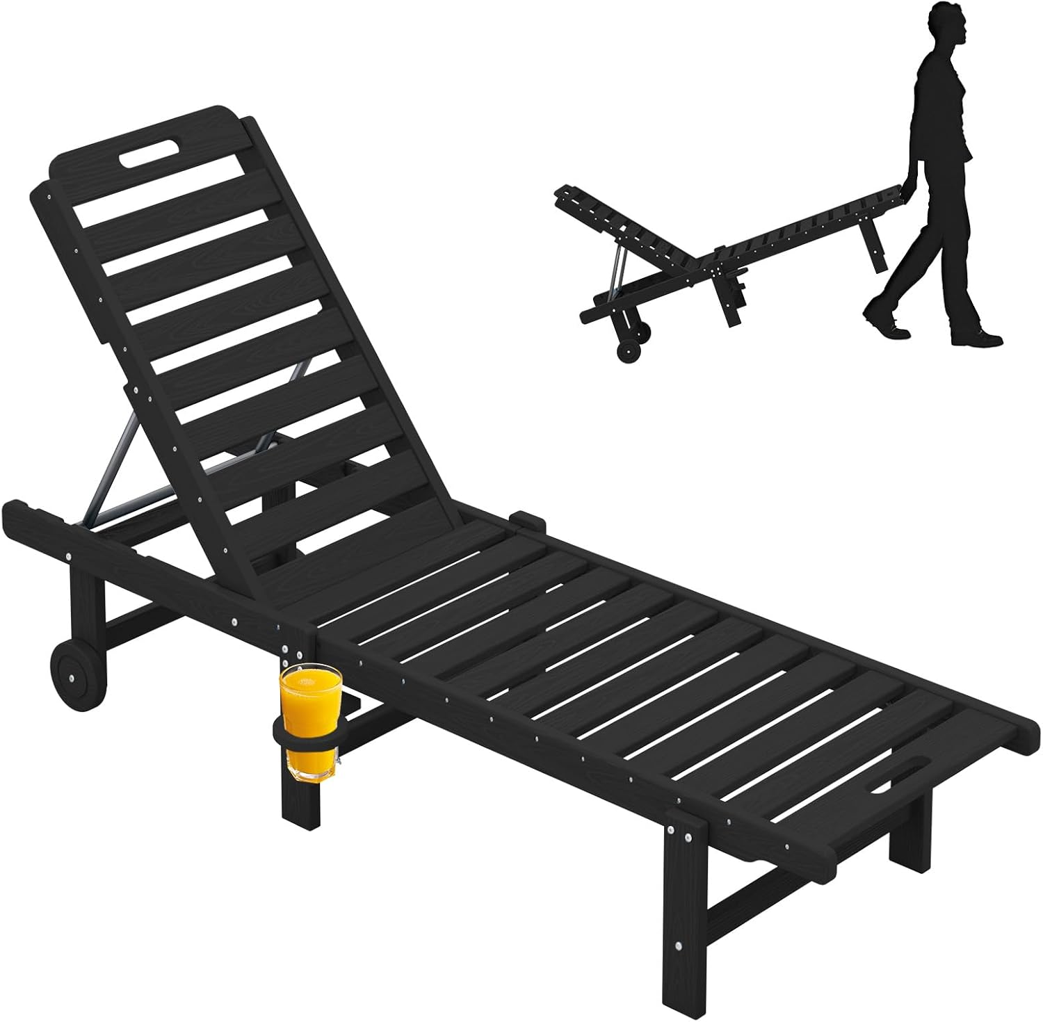 Chaise Lounge Chair 78" Long Outdoor Reclining Chaise Lounge with Cup Holder & Wheels Outdoor Chairs for Patio, Lawn, Garden, Poolside (Black)