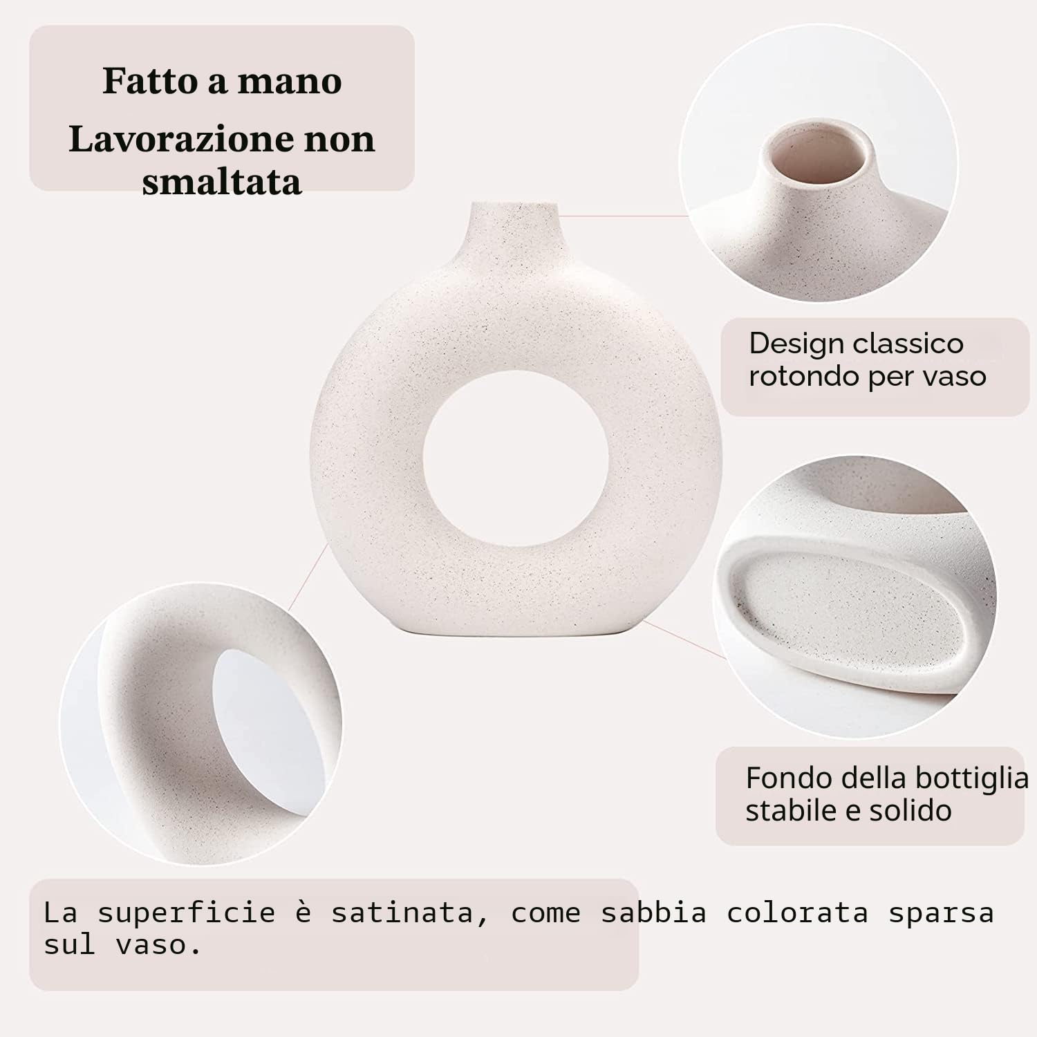 Set di 2 vasi in ceramica a ciambella bianca per la decorazione moderna della casa, vasi rotondi erba della pampa, neutro boho nord