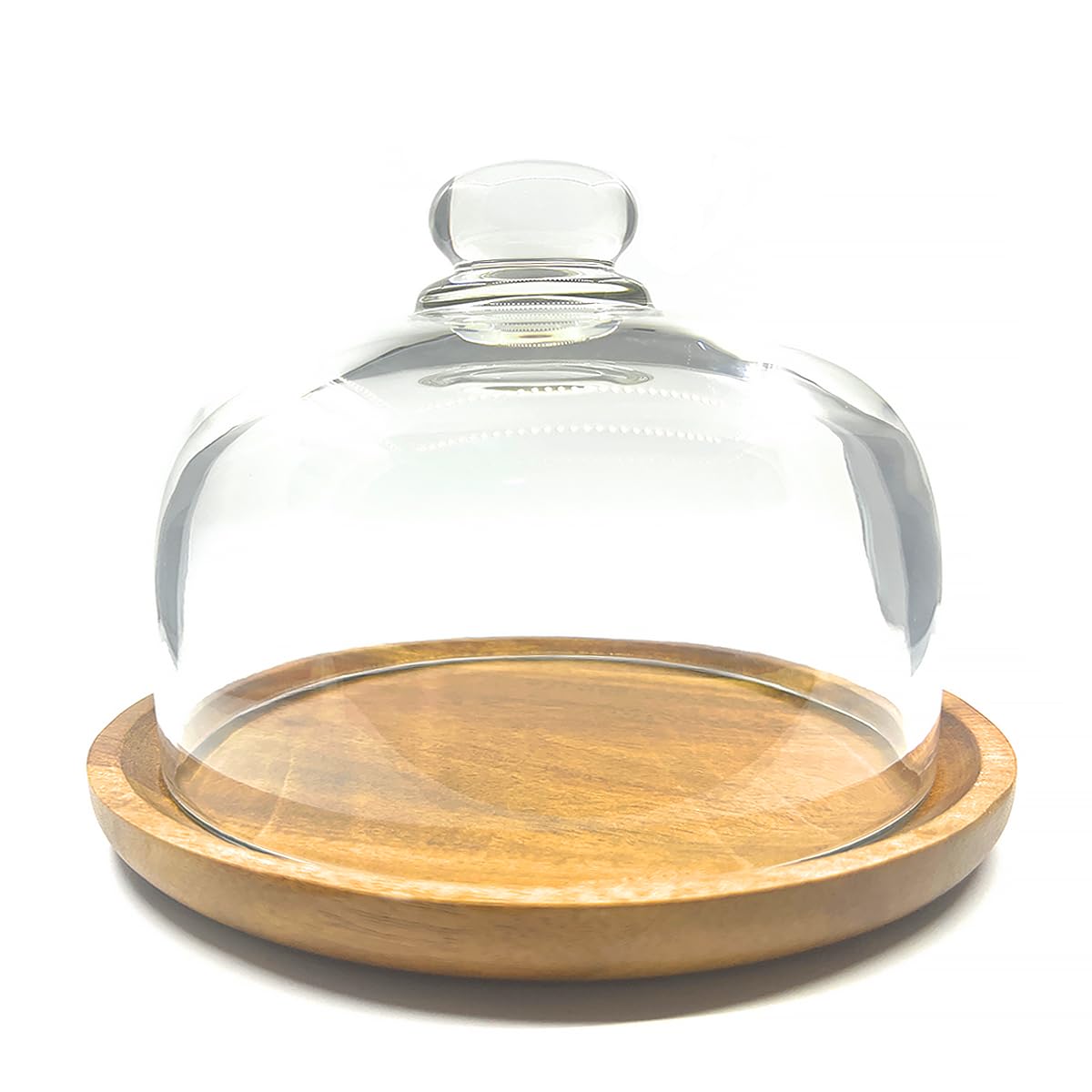 8 Inch Wooden Base Cake Display Stand with Glass Dome,Cloche Clear Glass Bell Jar Cover for Dessert Cheese Candy Plants Succulents